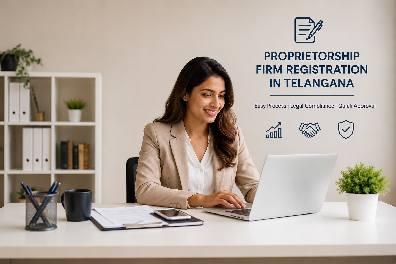 Woman using laptop for Proprietorship Firm Registration in Telangana