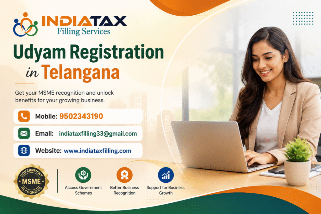 Business owner using laptop for Udyam Registration in Telangana